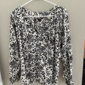 Express Black and White Smocked Long Sleeve Blouse